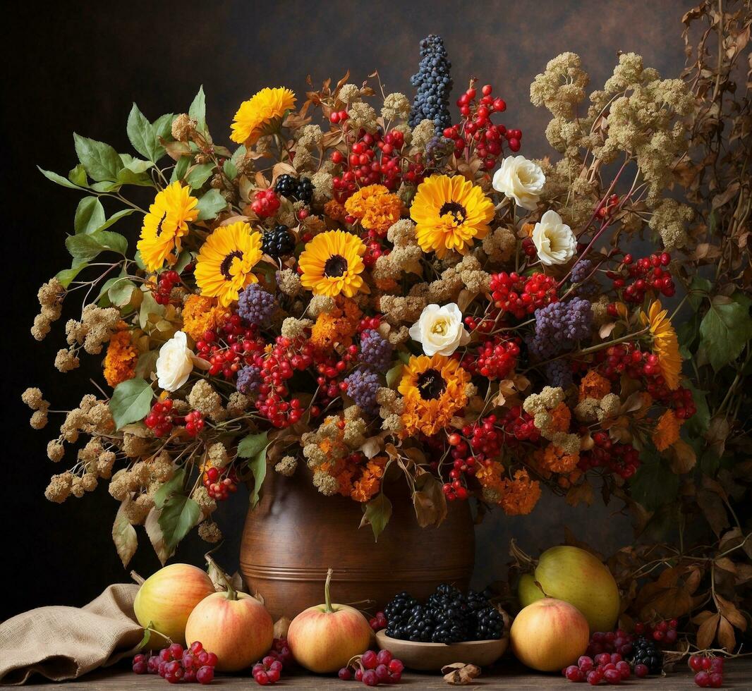 AI generated Autumn bouquet in vase on wooden table with apples and berries photo
