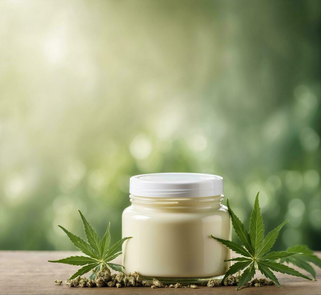 AI generated Jar of cosmetic cream and palm leaves on a dark background, top view photo