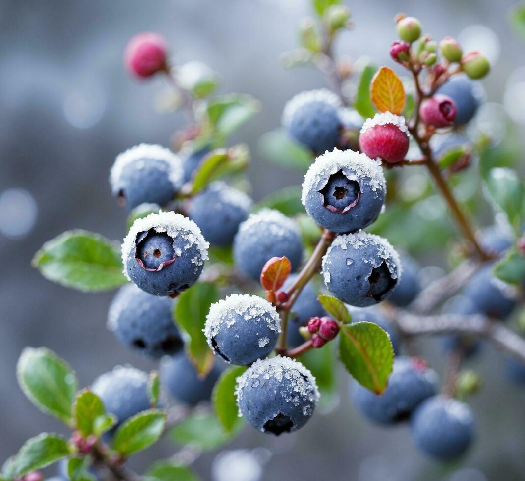 AI generated Frozen blueberries on a branch in the forest. Shallow depth of field photo