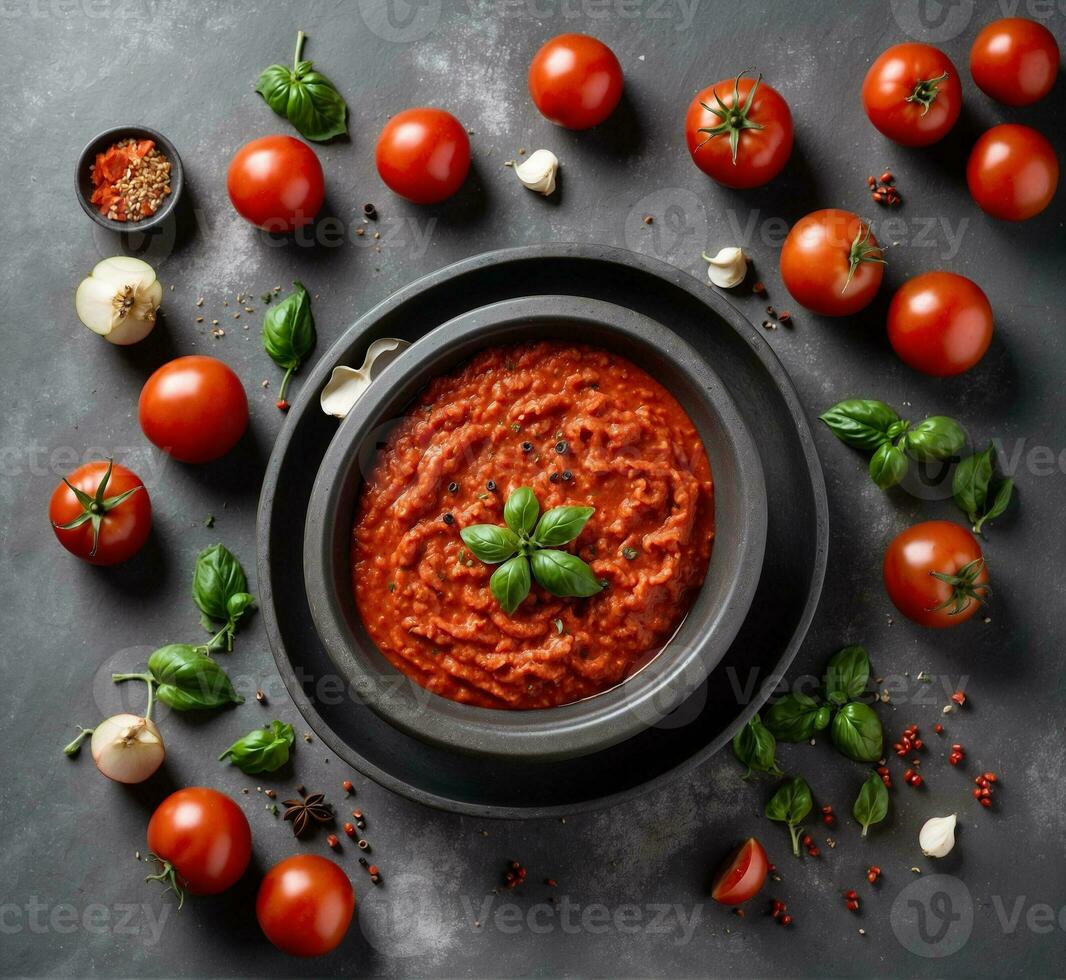 ai generado tomate salsa con albahaca y ajo en un oscuro antecedentes. parte superior vista, plano laico foto