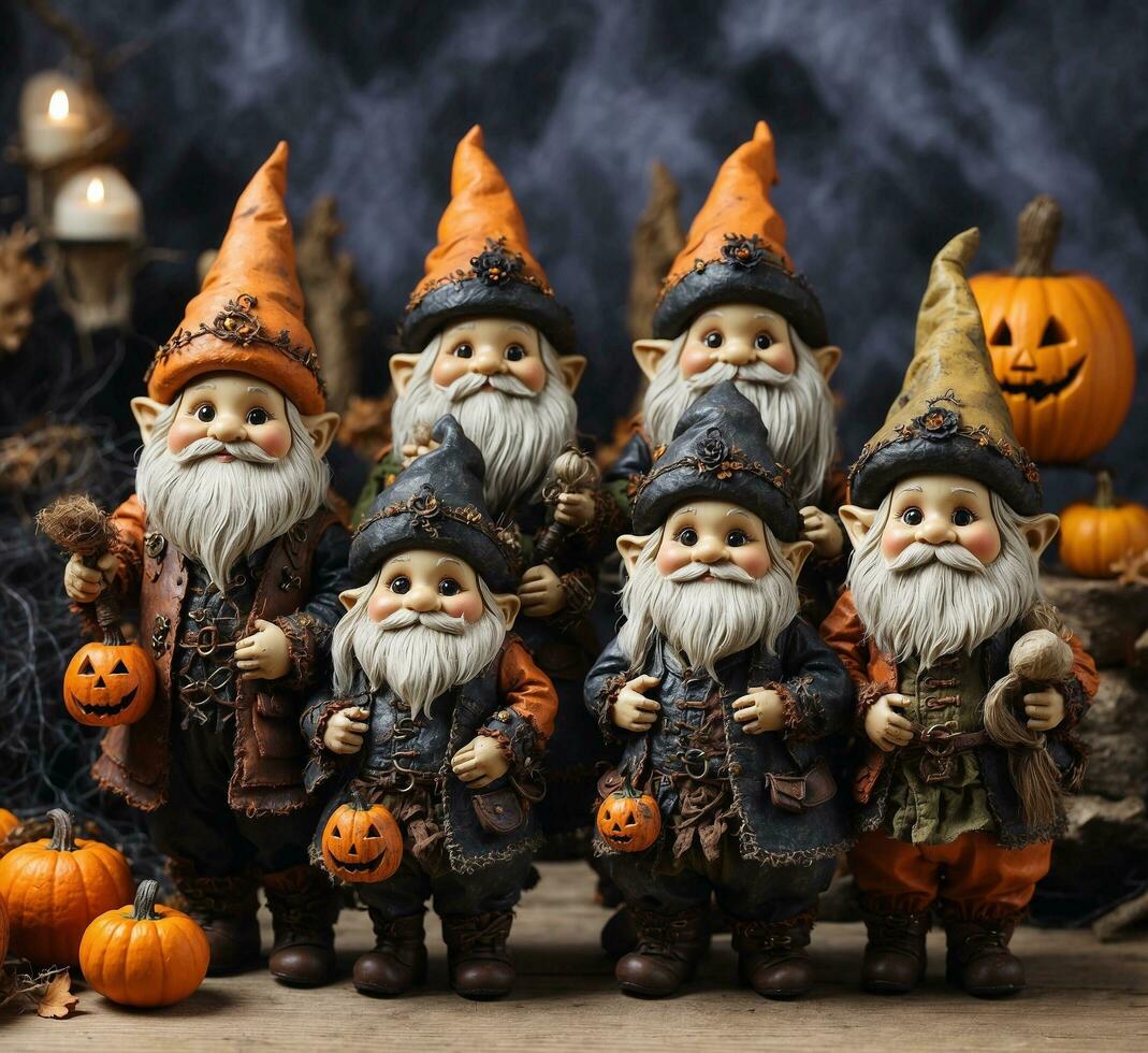 AI generated Halloween decoration with three gnomes and pumpkins on a wooden background photo