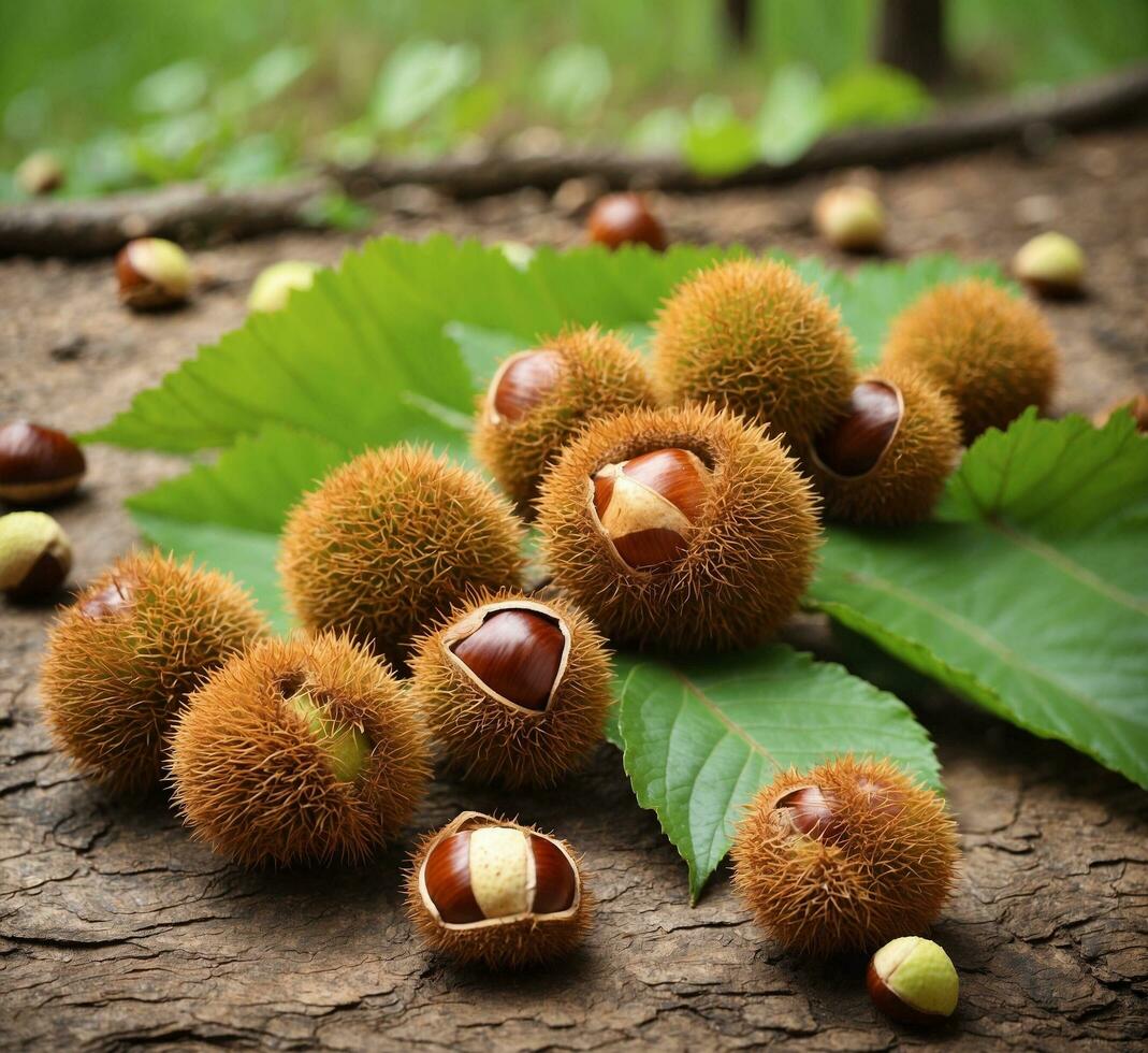 AI generated Chestnuts on an old wooden background. Shallow depth of field. photo