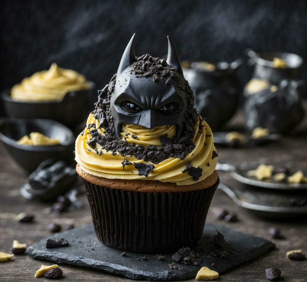 AI generated Halloween cupcakes with black and white frosting, selective focus photo