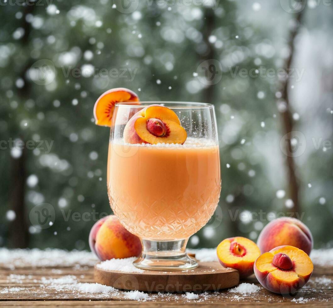 AI generated Peach smoothie in glass with fresh peaches on a wooden table photo