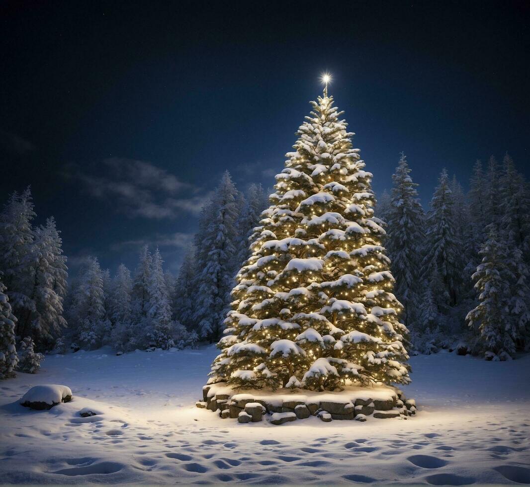 ai generado Navidad árbol en el montañas cubierto con nieve y iluminado por el Luna foto