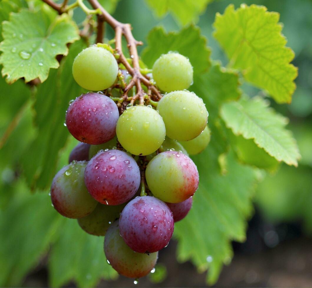 AI generated Bunch of grapes on the vine with drops of water, close up photo