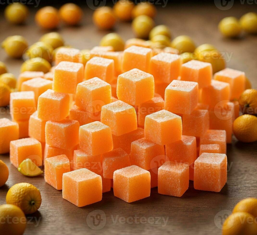 AI generated Citrus fruit cubes on rustic wooden table, selective focus photo