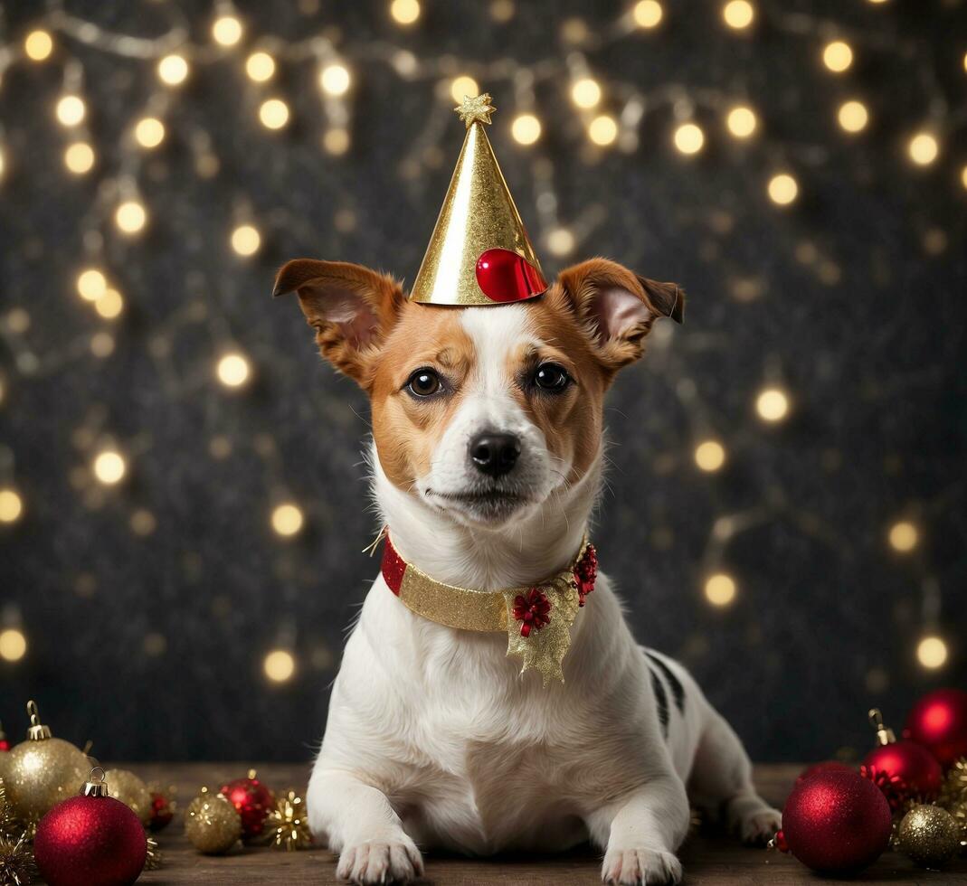 AI generated Cute welsh corgi dog with reindeer antlers sitting near Christmas tree. photo