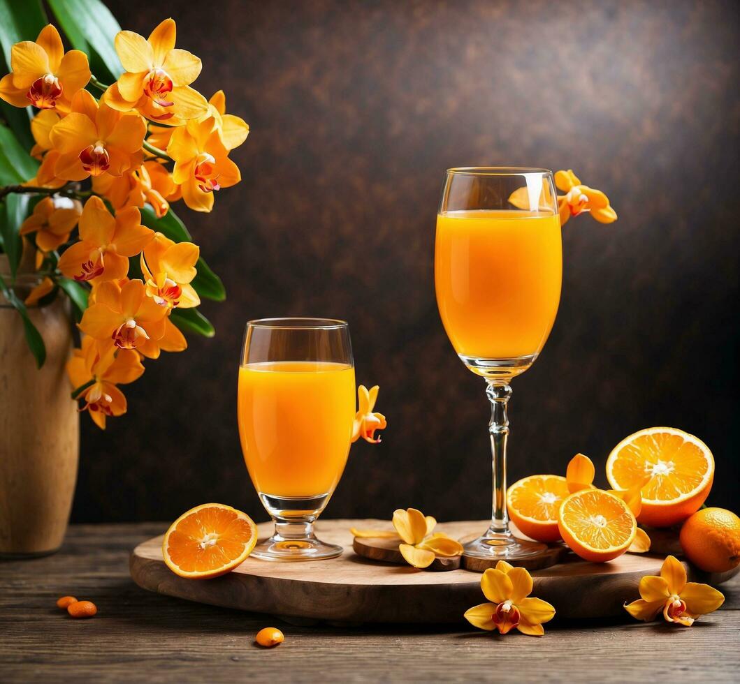 AI generated Two glasses of apricot juice on a wooden table in the garden photo