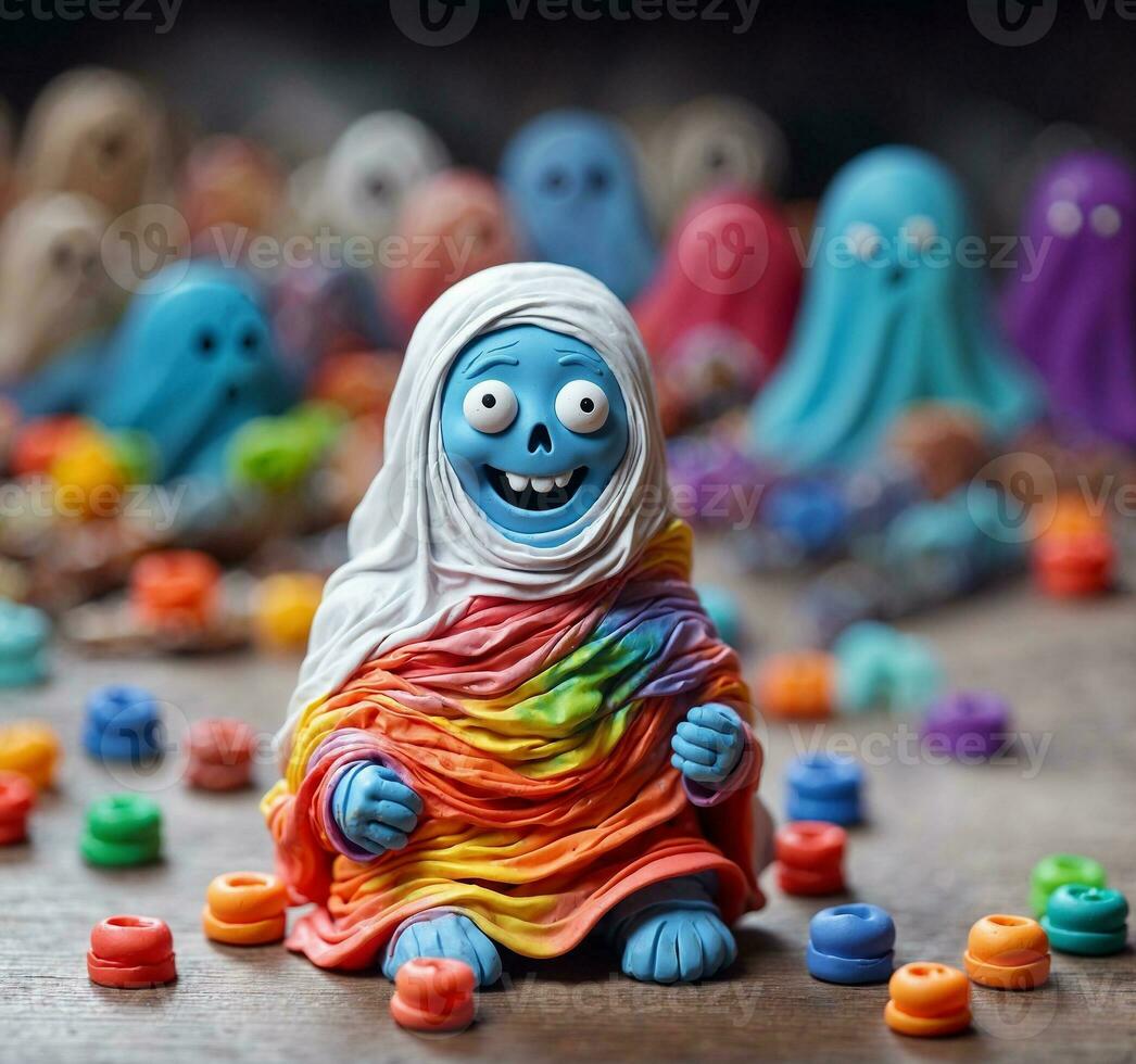 AI generated Halloween holiday concept. Colorful Plasticine figures on a wooden background photo