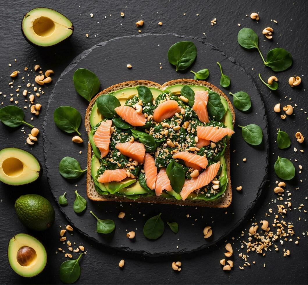 AI generated Avocado toast with salmon, spinach and pine nuts on black background photo