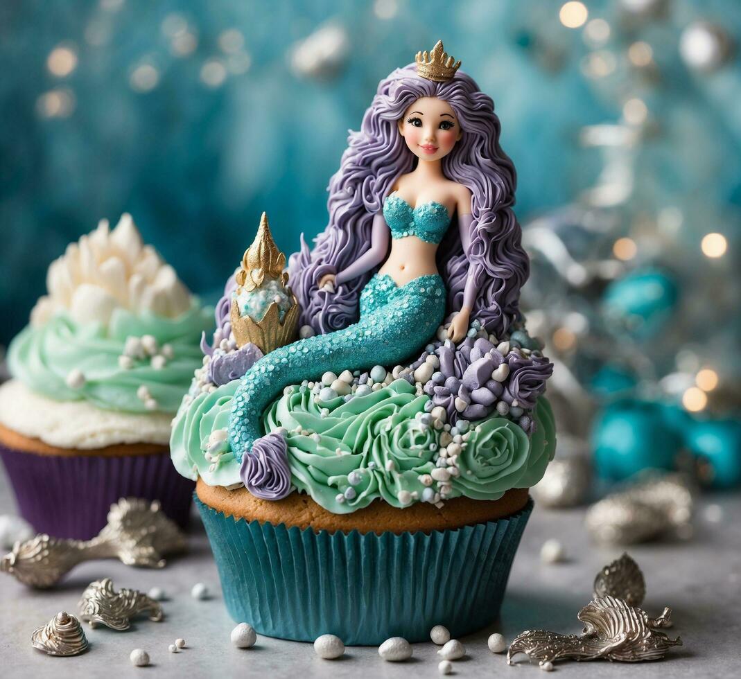 AI generated Cupcake with a mermaid on the top and blue backgrund. photo