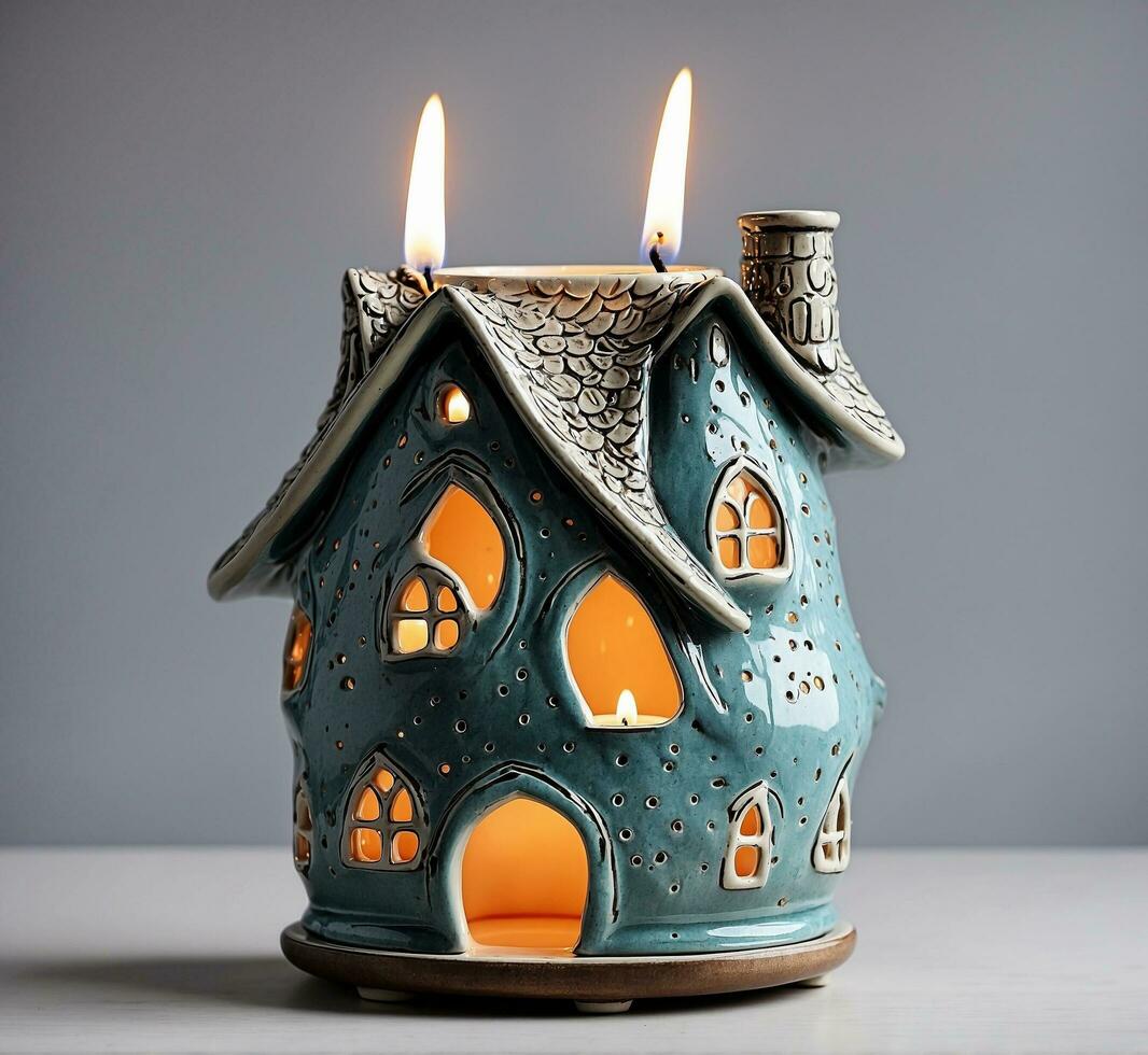 AI generated Candle light in the shape of a house on a gray background photo