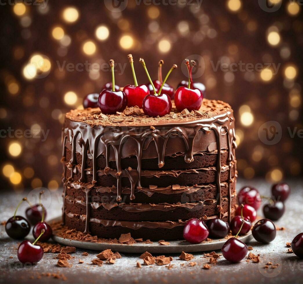 AI generated Chocolate cake with cherries on a dark background. Selective focus. photo