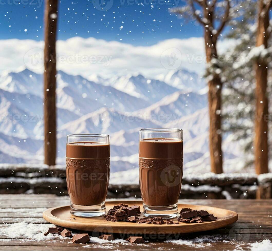 AI generated Two glasses of hot chocolate on wooden table with snow and mountains in background photo