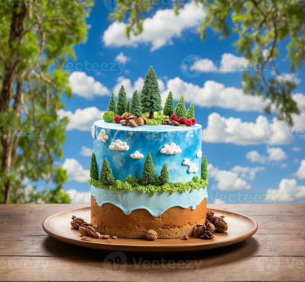 AI generated Cake with forest on top on wooden table and blue sky background photo