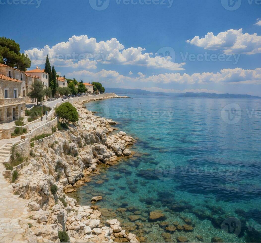 ai generado panorámico ver de el antiguo pueblo de korčula, Croacia foto