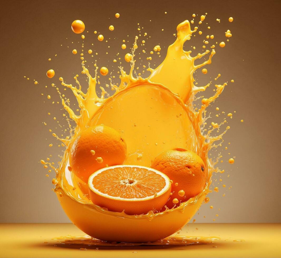 AI generated Orange juice splashed with orange fruit on brown background. 3d rendering photo