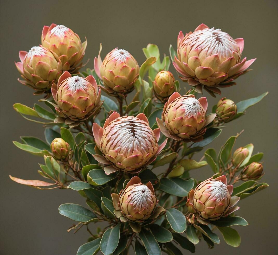 AI generated Protea flower with buds and leaves on a blurred background. photo