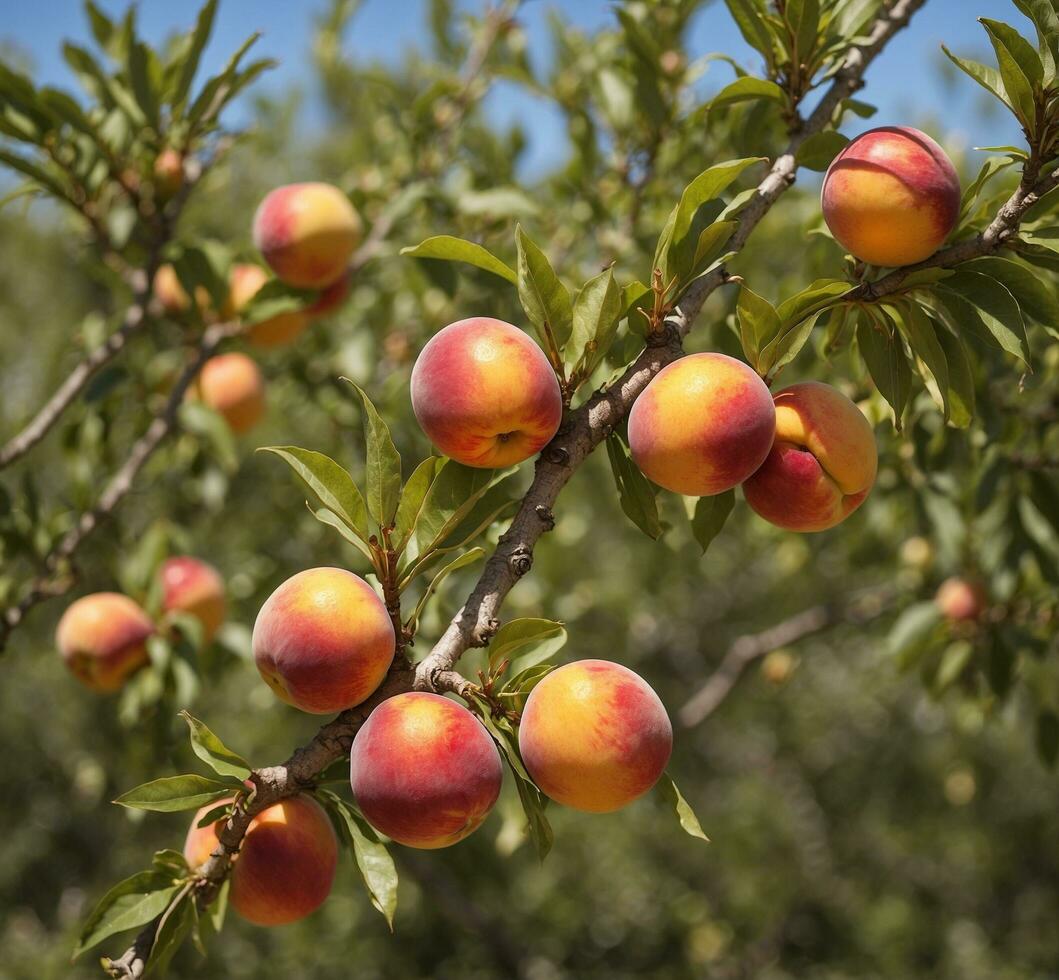 Peach tree with ripe fruits in the orchard, close up photo