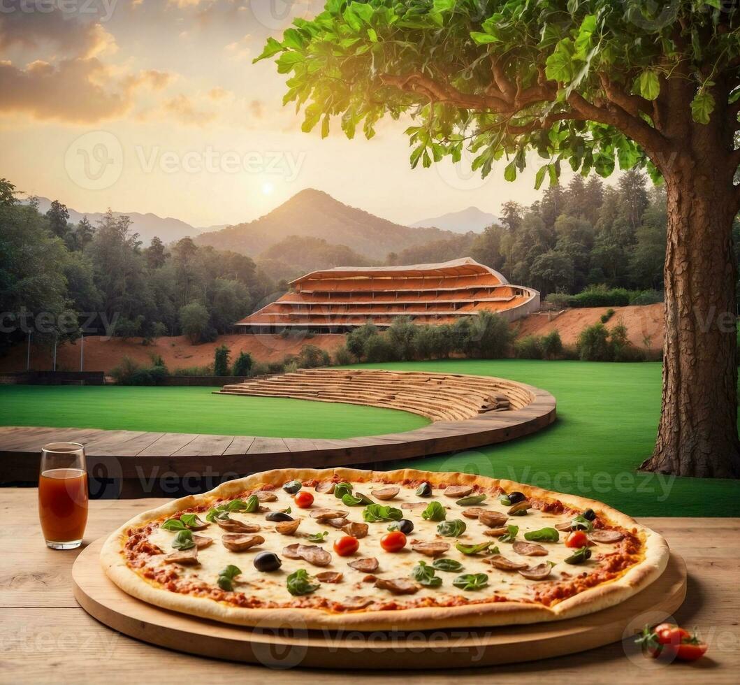 ai generado Pizza con hongos, Tomates, y queso en un de madera mesa con un ver de el golf curso foto