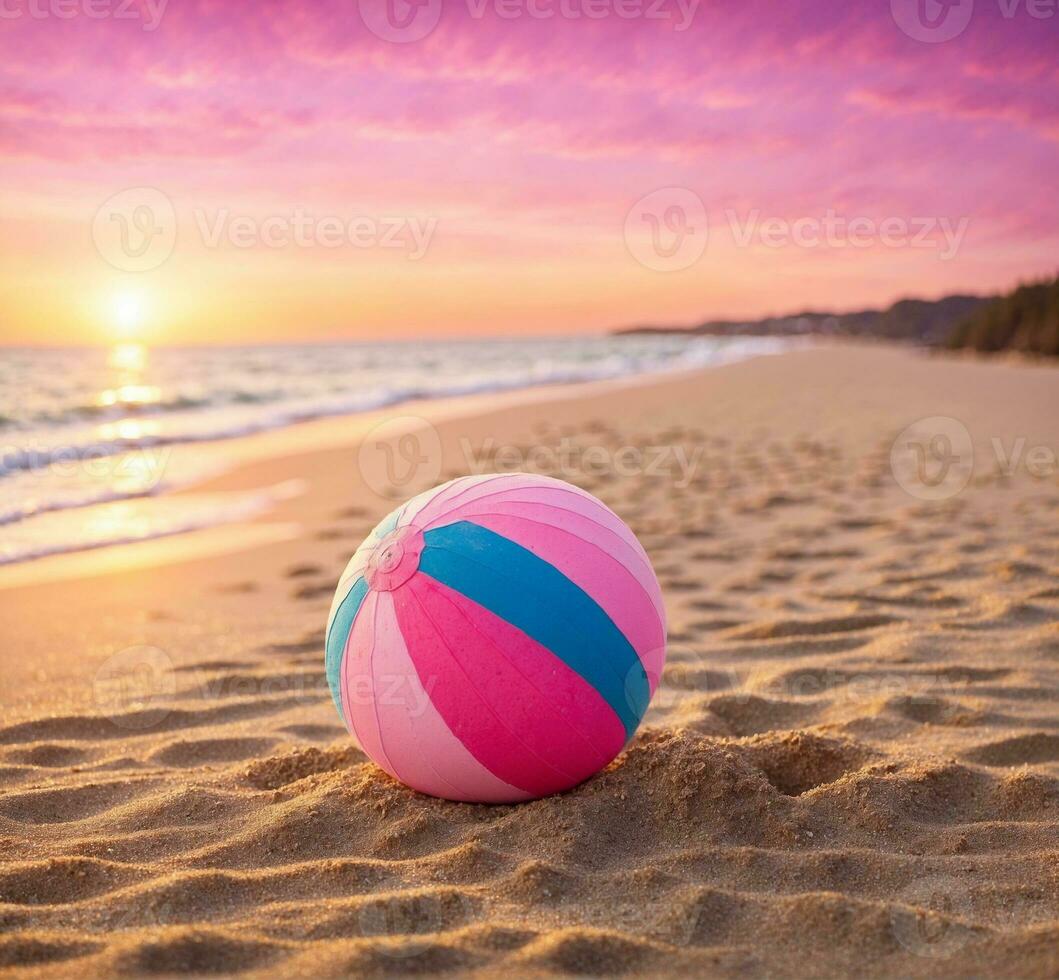 ai generado vistoso playa pelota en el arenoso playa a puesta de sol. vacaciones concepto foto