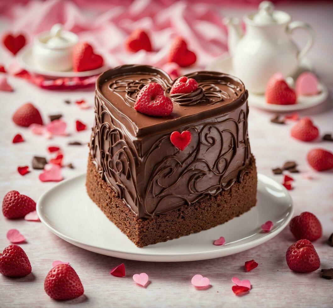 AI generated Chocolate cake with strawberries and whipped cream on a white plate on a pink background photo