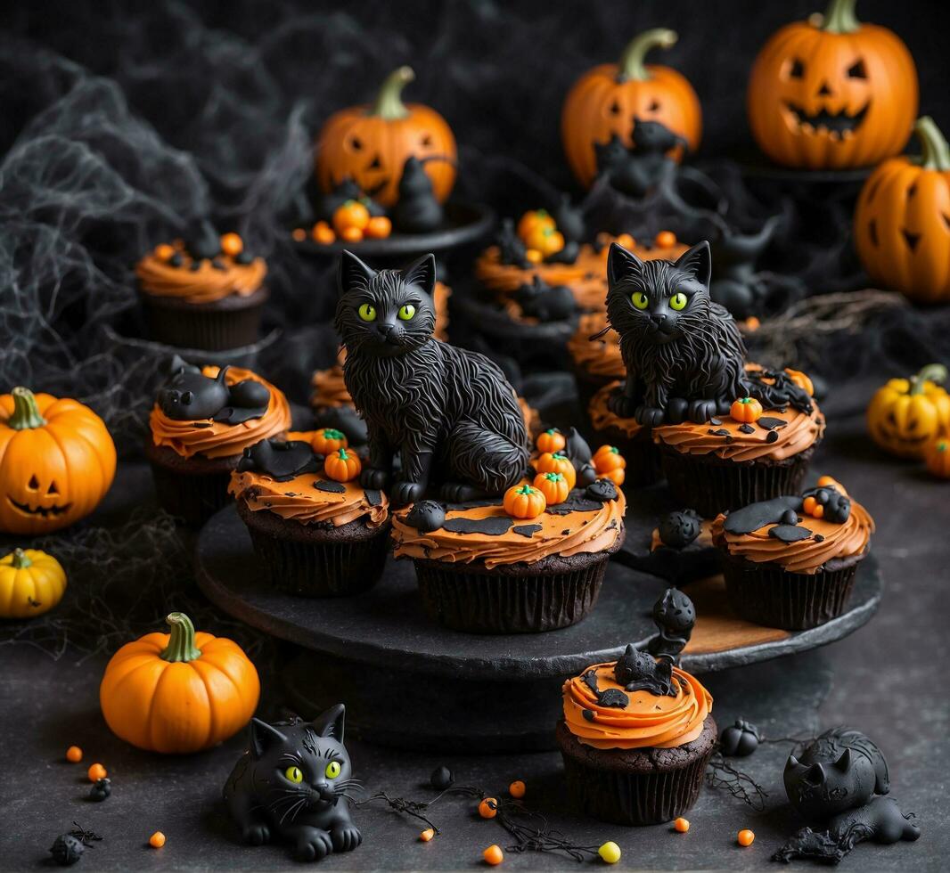 AI generated Halloween cupcakes with black cats and pumpkins, selective focus photo