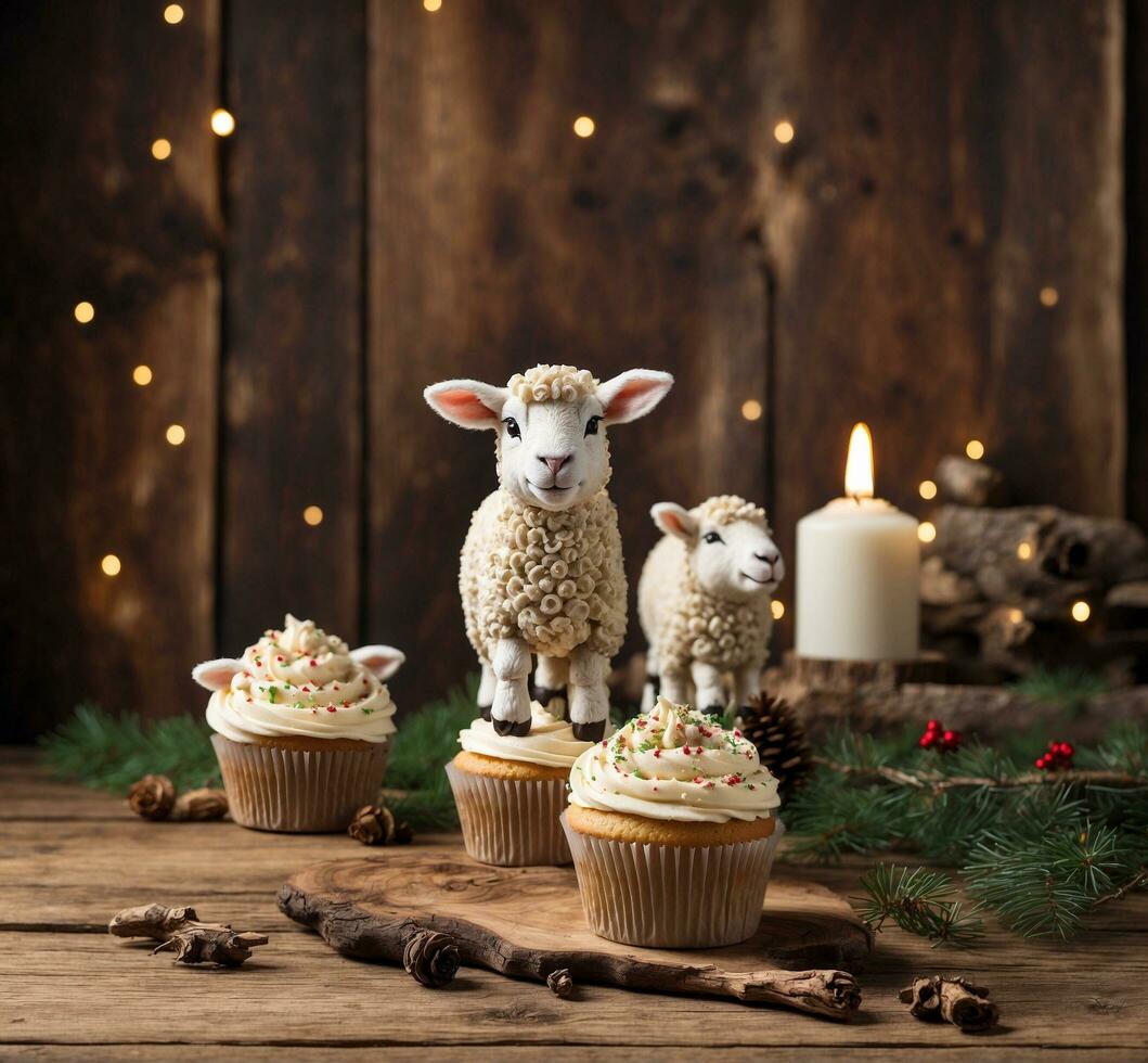 AI generated Christmas cupcakes with sheep and candles on dark wooden background. Toned. photo