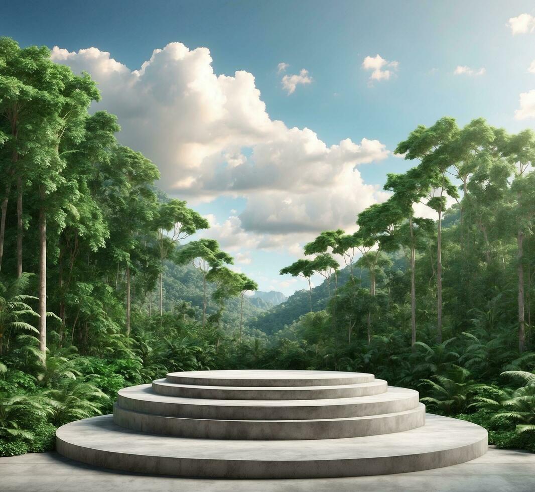 AI generated Concrete stairs in the jungle. 3d render. Nature background photo