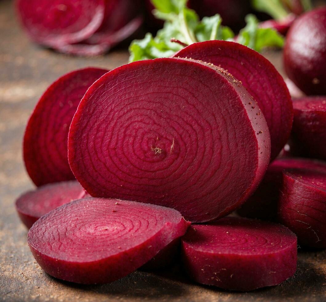 AI generated sliced beetroot on a rustic background, closeup photo