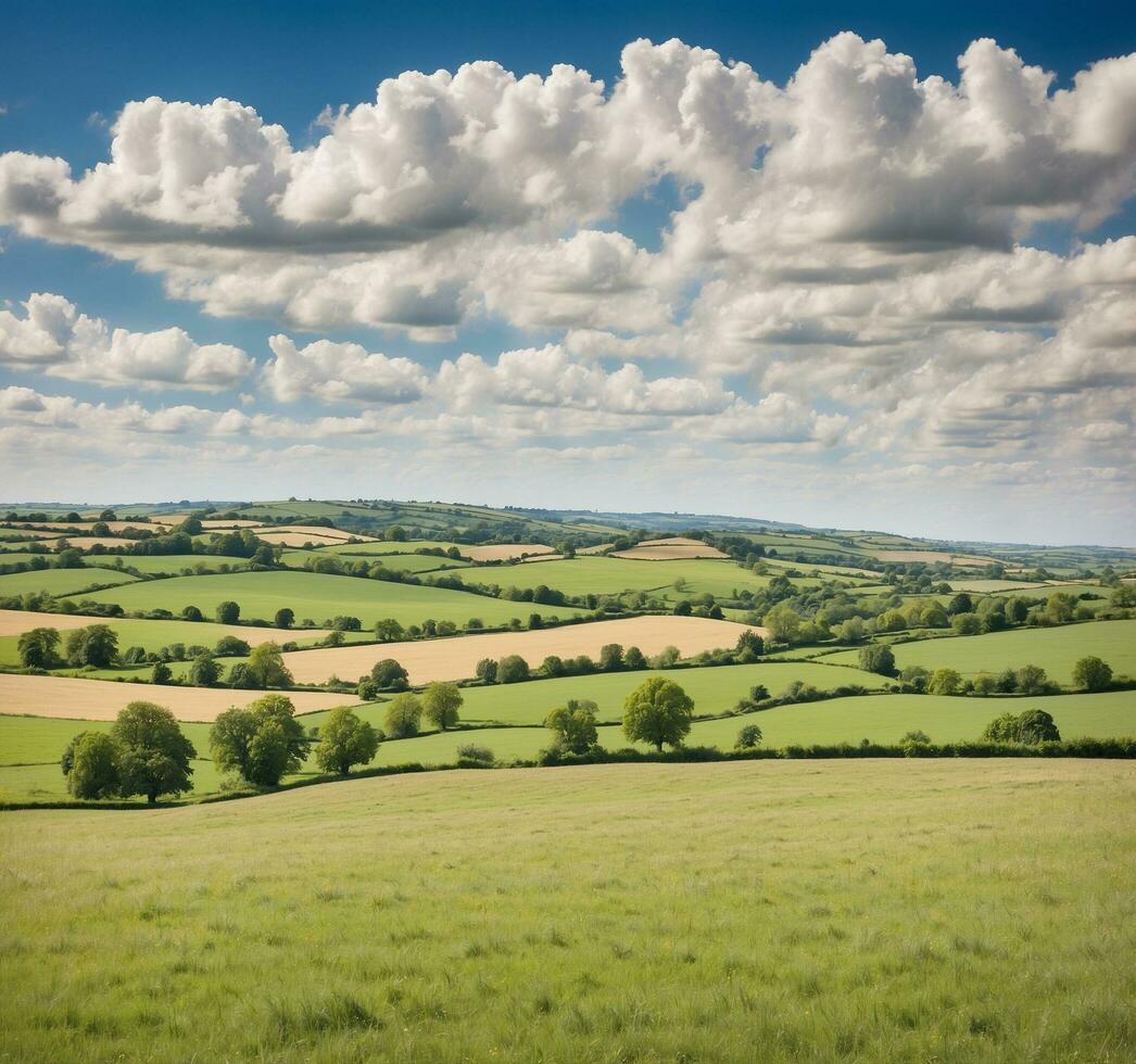 ai generado hermosa verano paisaje con campos y prados debajo azul cielo con nubes foto