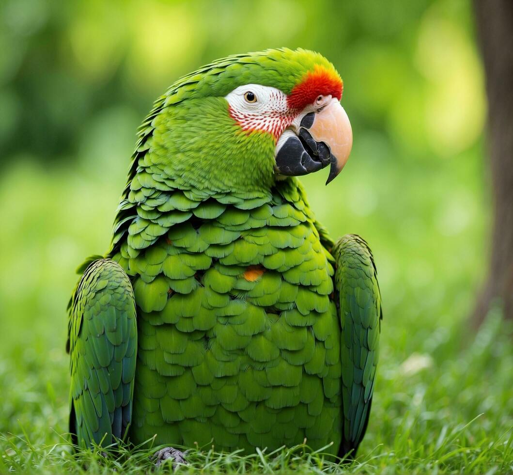 AI generated Portrait of a green macaw sitting on the grass in the park photo