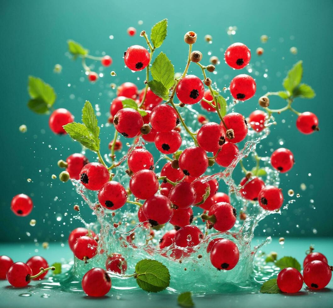 AI generated Red currant with water splash on a turquoise background, close-up photo