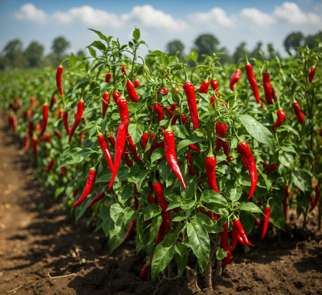 AI generated Red hot chili peppers growing on a field in the countryside of Thailand photo