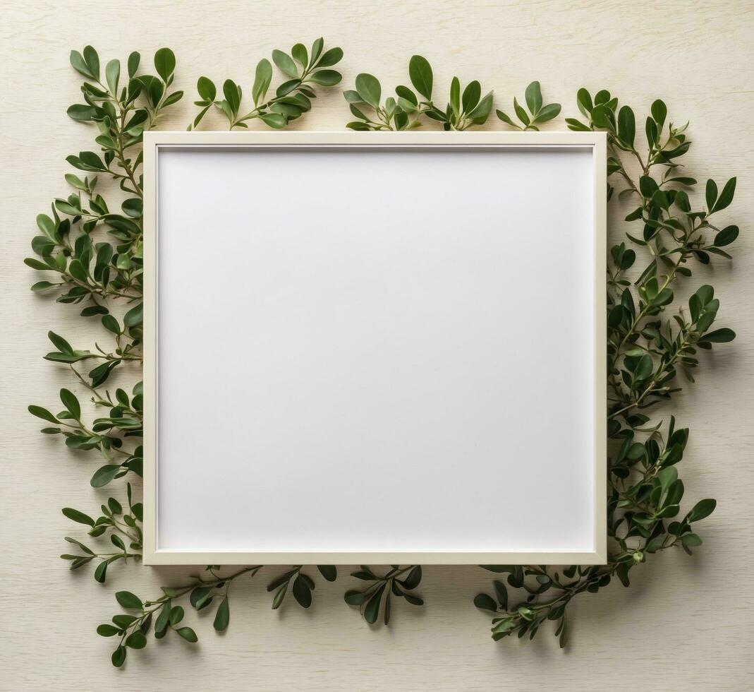 AI generated White frame with green leaves on a white background. Flat lay, top view. photo