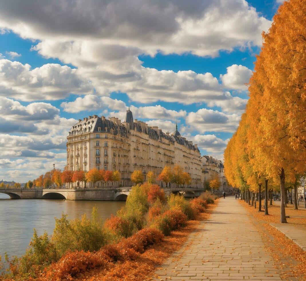 AI generated Autumn in Paris, France. Panoramic view of the Seine River. photo