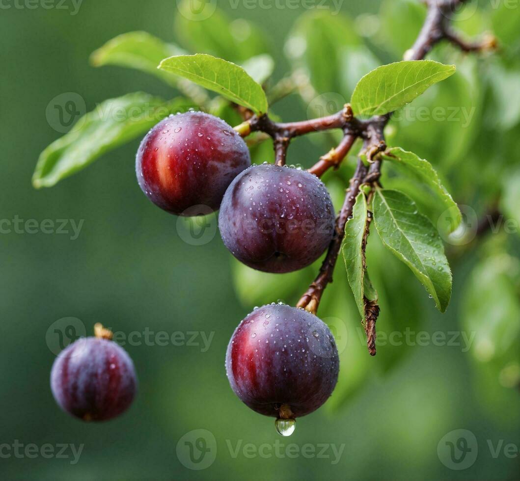 AI generated Ripe plums on a tree branch with water drops after rain photo