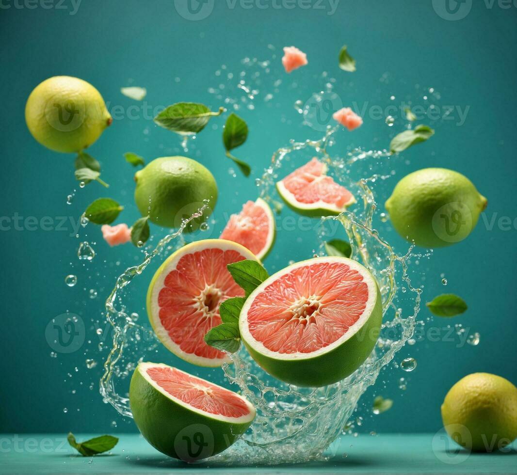 AI generated Fresh grapefruits falling into the water with a splash on a turquoise background photo