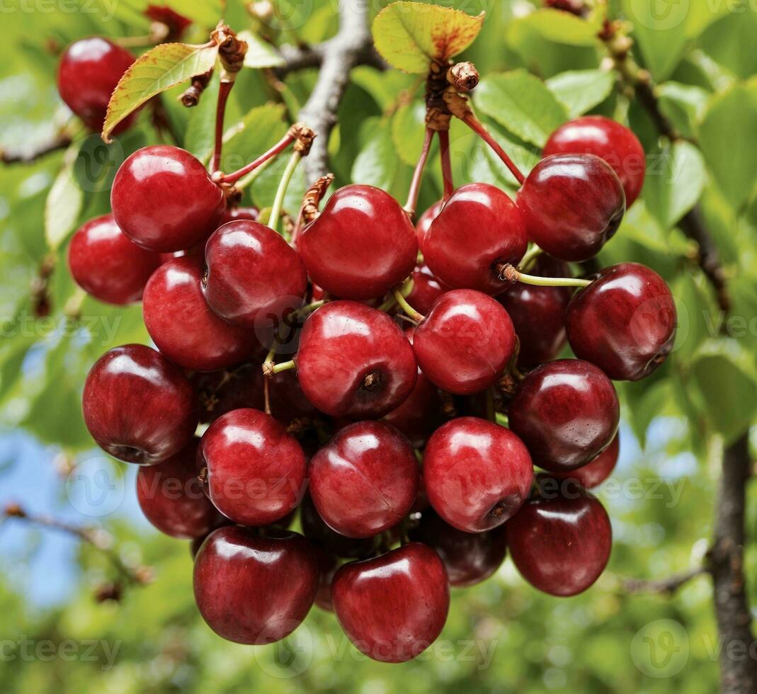 AI generated Ripe cherries on the branches of a tree in the garden photo