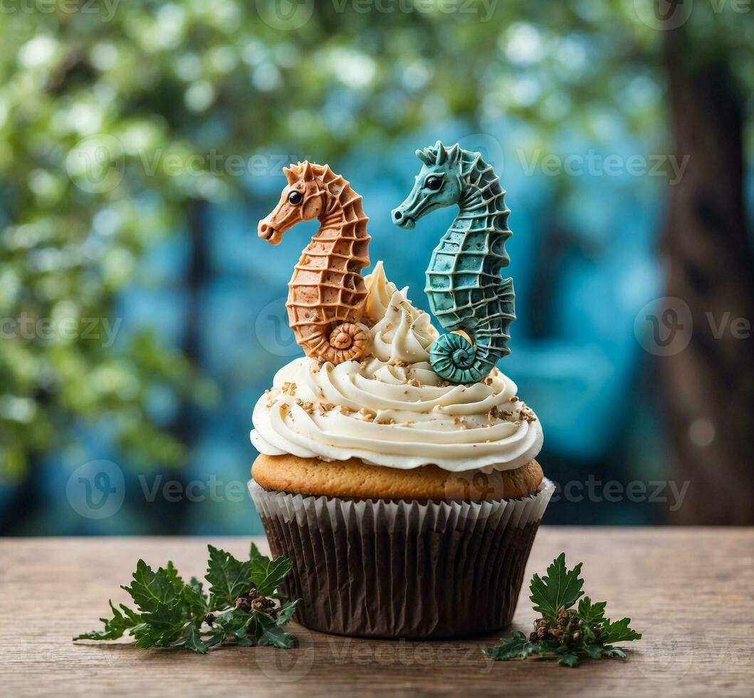 AI generated Cupcake with a seahorse in the form of a dragon photo
