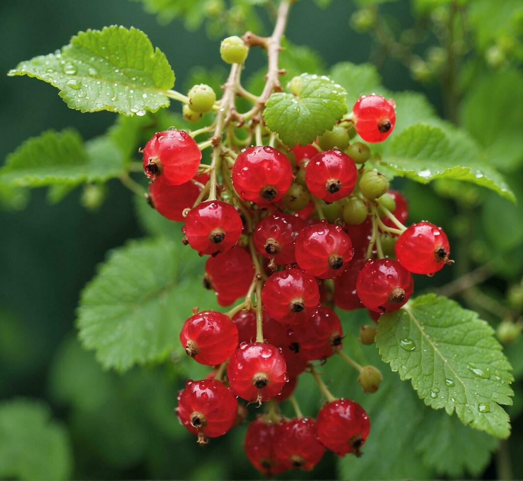 AI generated Red currant berries with water drops on green leaves background, closeup photo