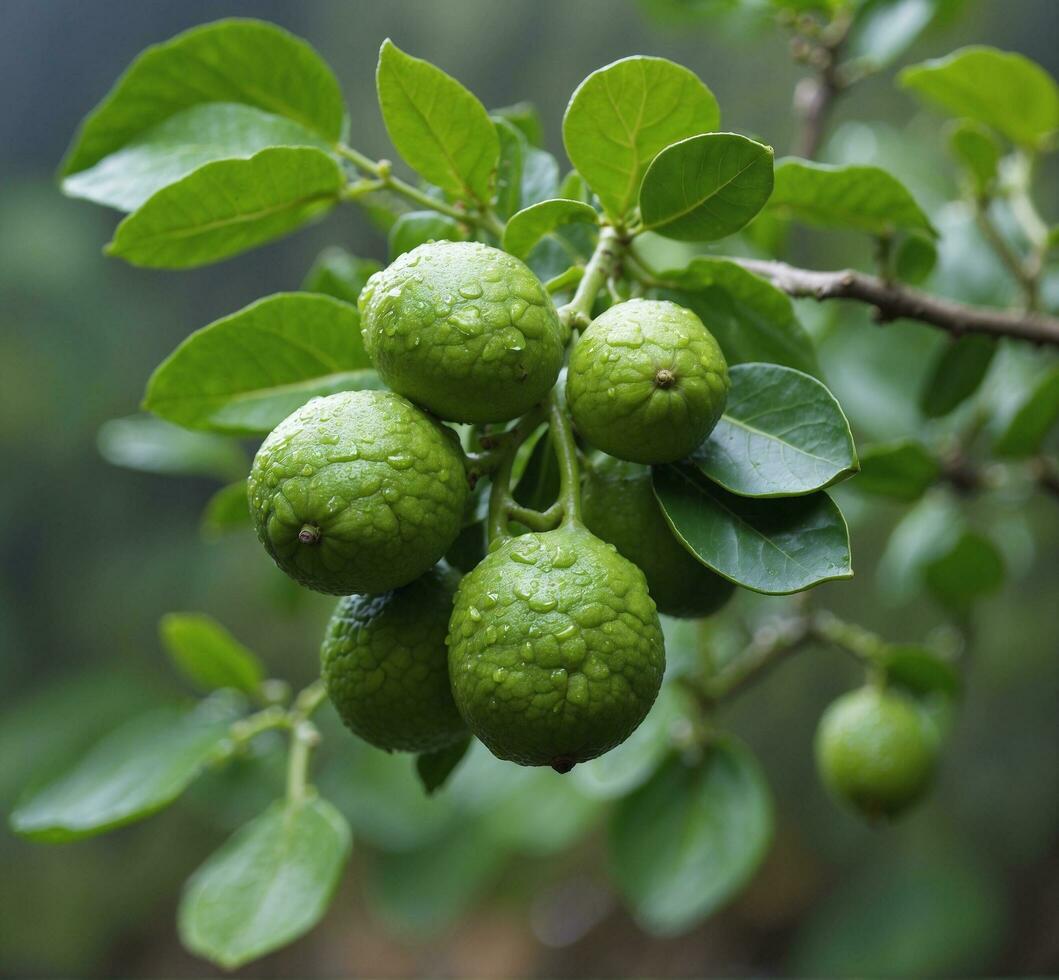 AI generated Green bergamot fruits on the tree with dew drops photo