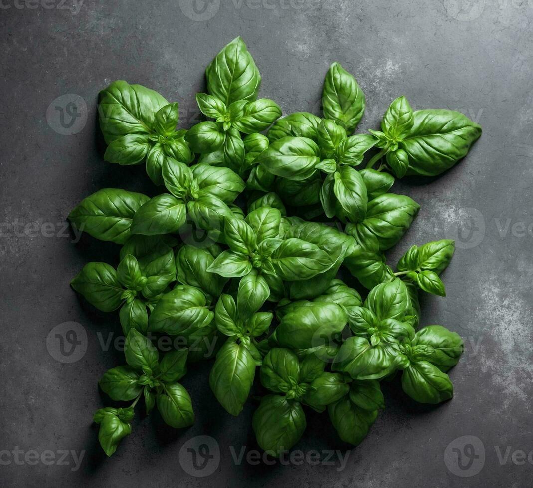 AI generated Fresh green basil leaves on a dark background. Top view, copy space photo