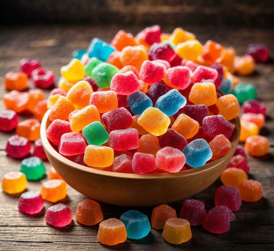 AI generated Colorful candies in a glass on a wooden background. Selective focus. photo
