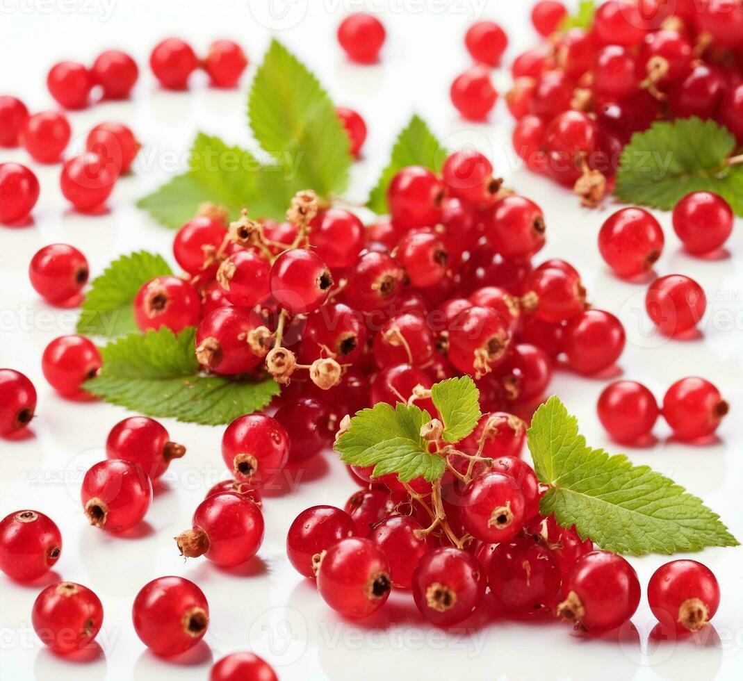 AI generated Red currant with green leaves on a white background, close-up photo