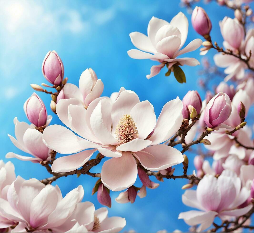 AI generated Beautiful magnolia flowers on dark blue background. Spring flowers. photo