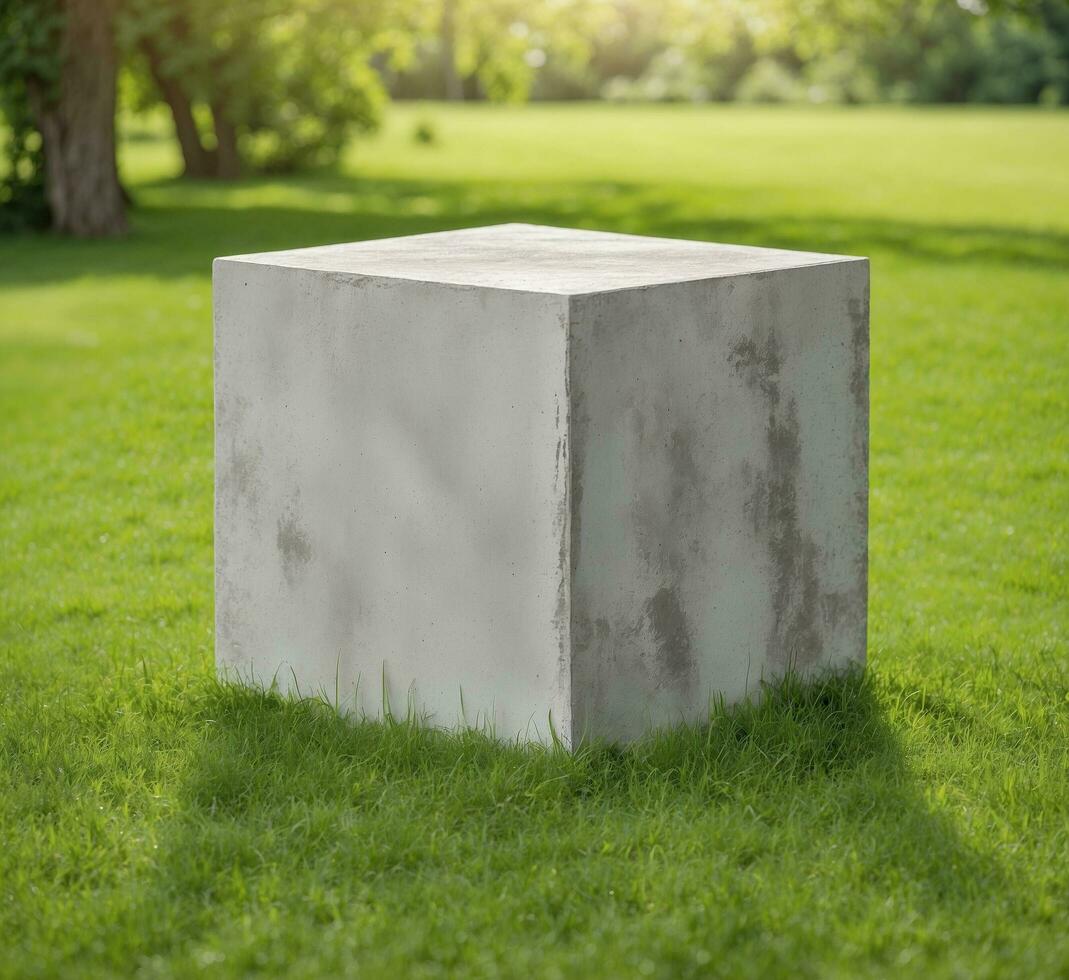 AI generated White concrete cube on green grass in the park with copy space. photo