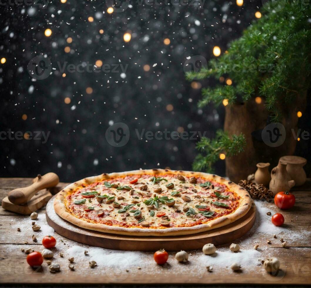 AI generated Pizza with mushrooms and tomatoes on a wooden table. Christmas background photo