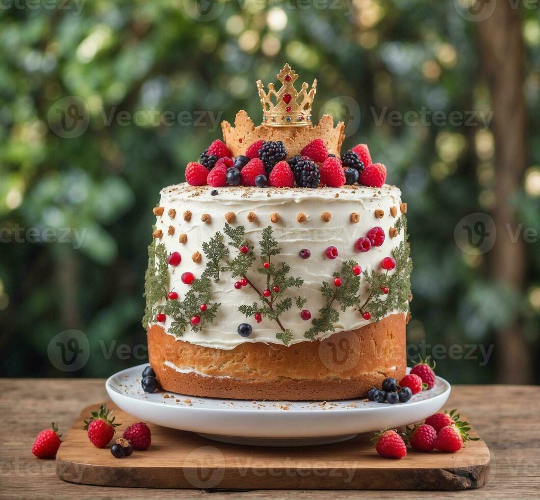 AI generated Cake with fresh berries and crown on top, selective focus. photo